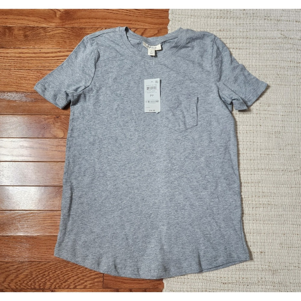 Style & Co Womens T-Shirt Gray Short Sleeve Crew Neck Pocket PP/XSP